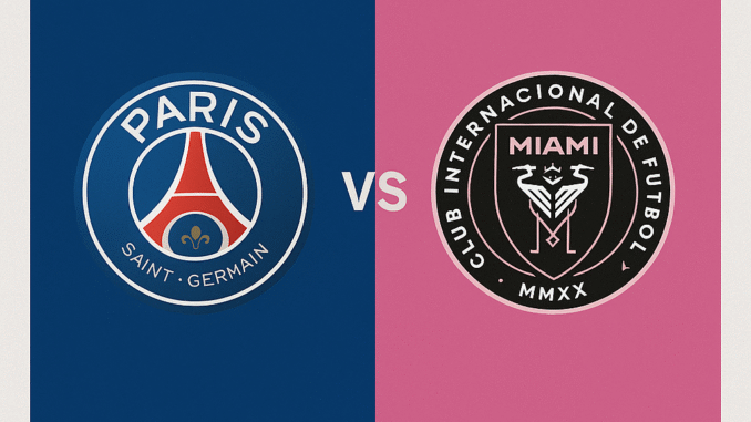 psg-inter-miami-mondiale-club-2025 Loghi PSG e Inter Miami con data e orario del match Mondiale per Club 2025, ottavi di finale