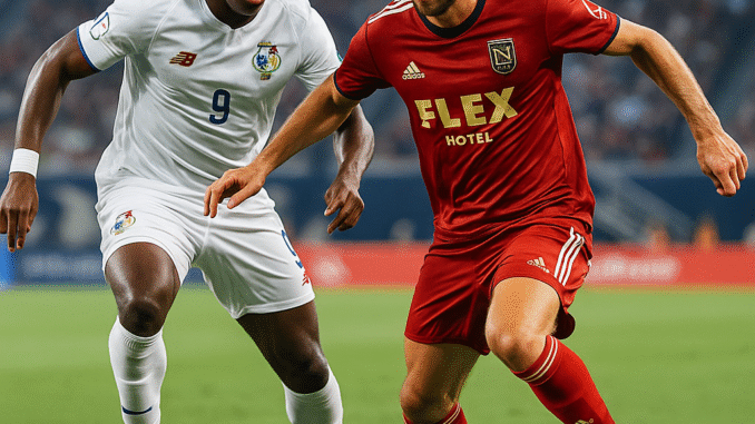 panama-vs-lafc-pronostici-calcio-16-giugno Giocatori di Panama e Los Angeles FC in azione su campo da calcio