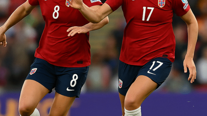 norvegia-calcio-femminile-euro2025 Calciatrici della Norvegia in azione agli Europei femminili 2025, a corredo del pronostico Norvegia vincente + Under 3.5 consigliato da TotoValue.