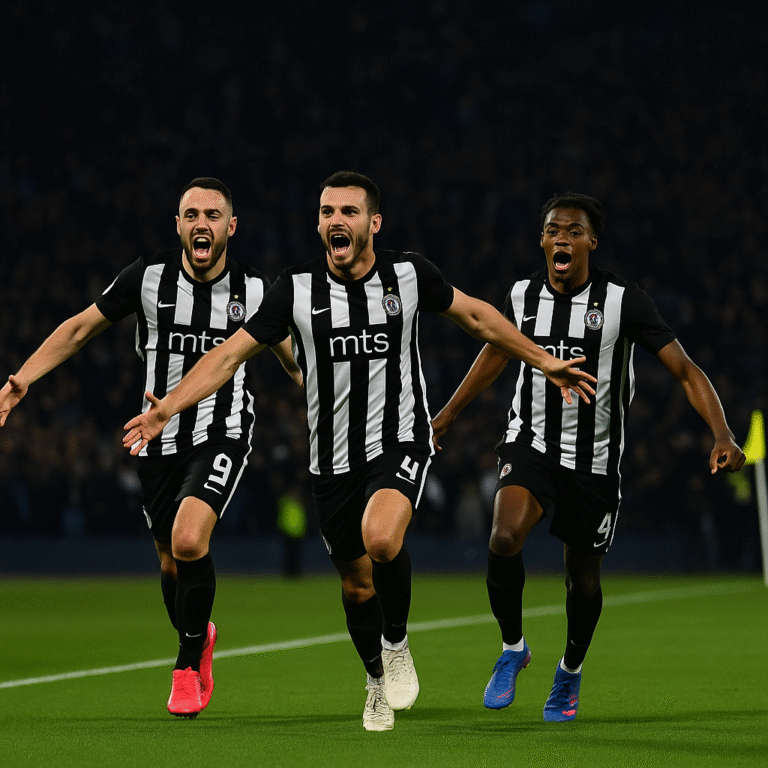 Giocatori del Partizan Belgrado esultano dopo un gol in Europa League