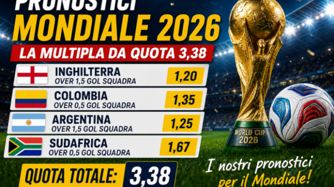 Pronostici Mondiale 2026: multipla quota 3,38 con Inghilterra, Colombia, Argentina e Sudafrica