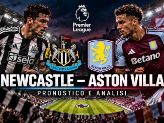 Newcastle Aston Villa pronostico: calciatori sintetici contrapposti, stemmi delle squadre e logo Premier League nello stadio illuminato.