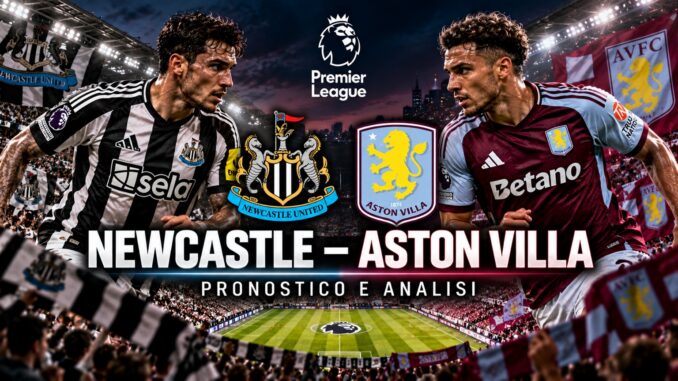 Newcastle Aston Villa pronostico: calciatori sintetici contrapposti, stemmi delle squadre e logo Premier League nello stadio illuminato.