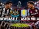 Newcastle Aston Villa pronostico: calciatori sintetici contrapposti, stemmi delle squadre e logo Premier League nello stadio illuminato.