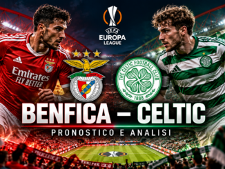 Benfica Celtic pronostico Europa League: copertina con i calciatori delle due squadre e scritta Pronostico e analisi