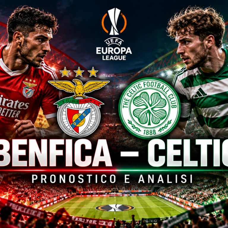 Benfica Celtic pronostico Europa League: copertina con i calciatori delle due squadre e scritta Pronostico e analisi