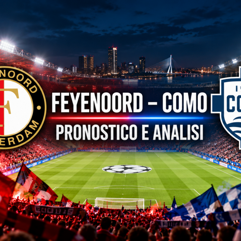 Feyenoord Como pronostico Champions League 14 ottobre 2026, immagine di copertina con stemmi e scritta Pronostico e Analisi
