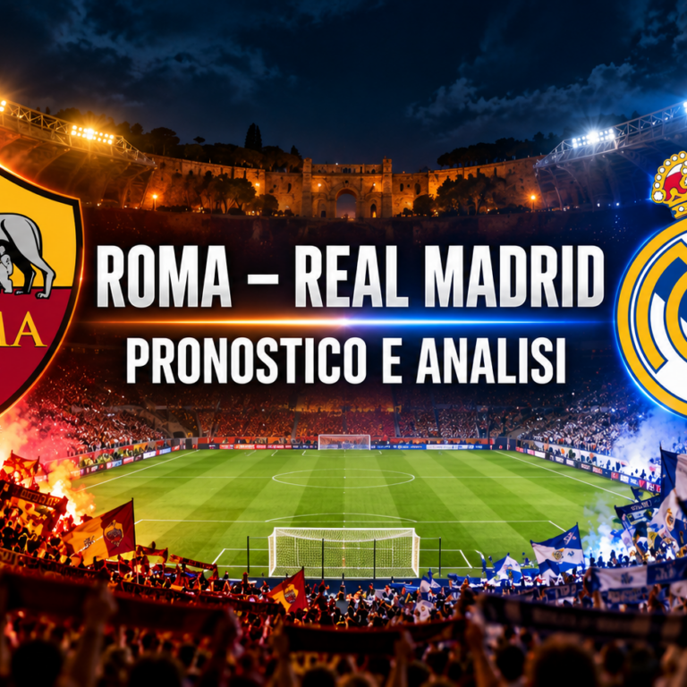 Roma Real Madrid pronostico Champions League 14 ottobre 2026, immagine in evidenza con stemmi e scritta Pronostico e Analisi