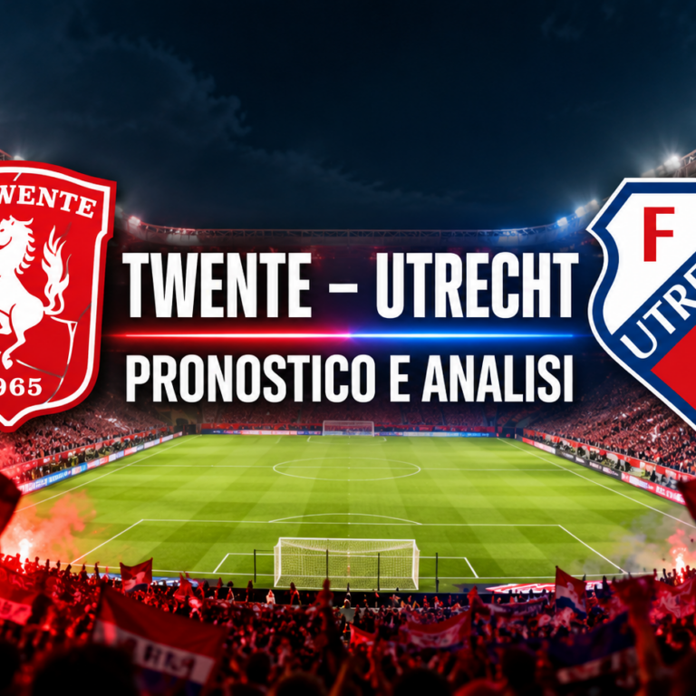 Twente Utrecht pronostico 18 ottobre 2026: stemmi FC Twente e FC Utrecht sullo stadio e scritta Pronostico e analisi