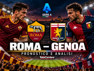 Roma Genoa pronostico: calciatori sintetici contrapposti, stemmi di Roma e Genoa e logo Serie A nello stadio illuminato.