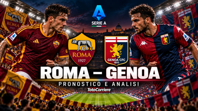Roma Genoa pronostico: calciatori sintetici contrapposti, stemmi di Roma e Genoa e logo Serie A nello stadio illuminato.