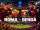 Roma Genoa pronostico: calciatori sintetici contrapposti, stemmi di Roma e Genoa e logo Serie A nello stadio illuminato.