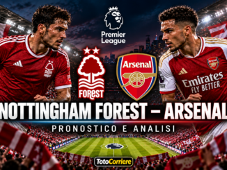 Nottingham Forest Arsenal pronostico: calciatori sintetici contrapposti, stemmi delle squadre e logo Premier League.