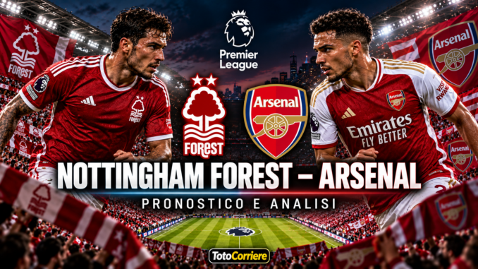 Nottingham Forest Arsenal pronostico: calciatori sintetici contrapposti, stemmi delle squadre e logo Premier League.