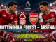 Nottingham Forest Arsenal pronostico: calciatori sintetici contrapposti, stemmi delle squadre e logo Premier League.