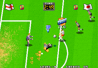Schermata di gioco di Super Sidekicks, classico arcade di calcio SNK degli anni 90